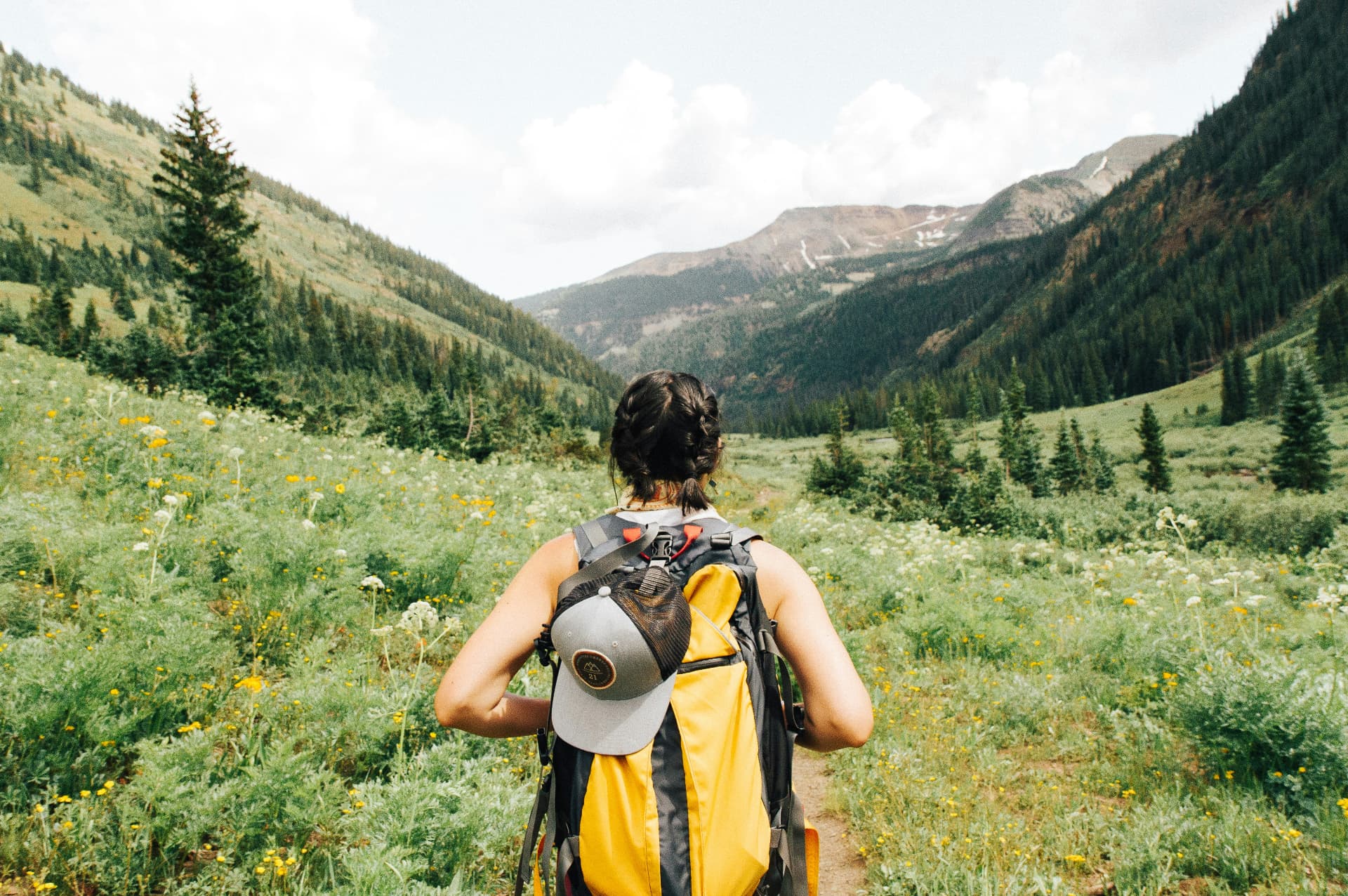 A student with a backpack walking a wildflower trail toward mountain ridges