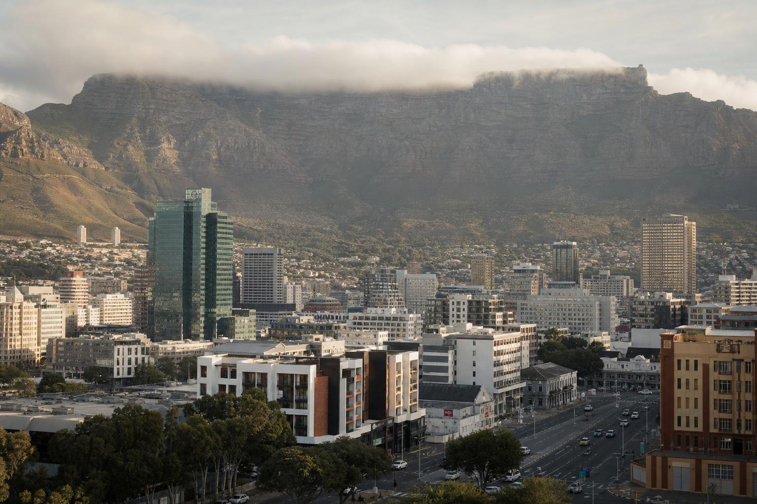 Golden sunset light over the Cape Town city skyline