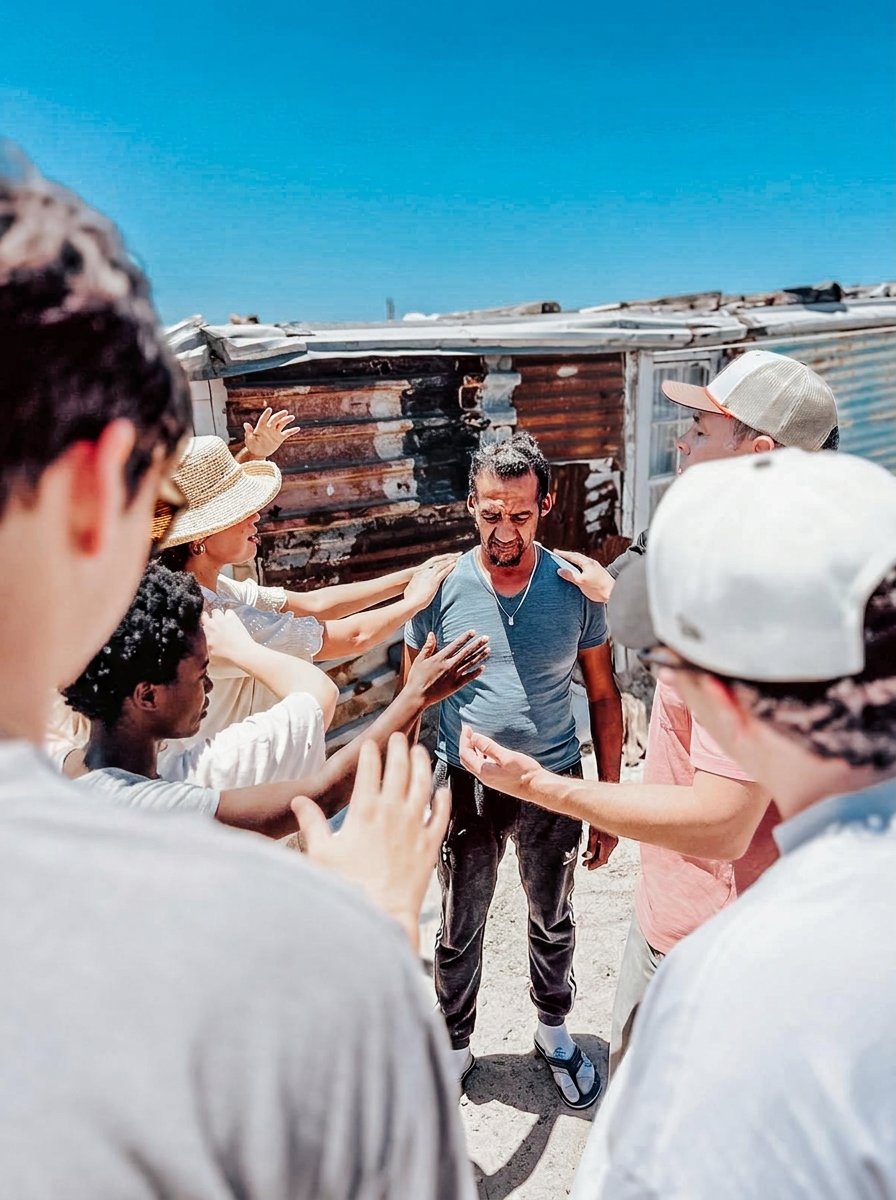 A group praying over a man outdoors with hands raised